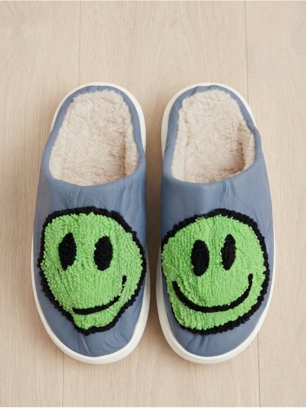 Women’s Blue Slip-On Slippers with Green Smiley Patch